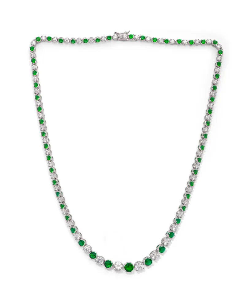 Simulated Emerald Round Link Graduated Necklace in Silver Plate