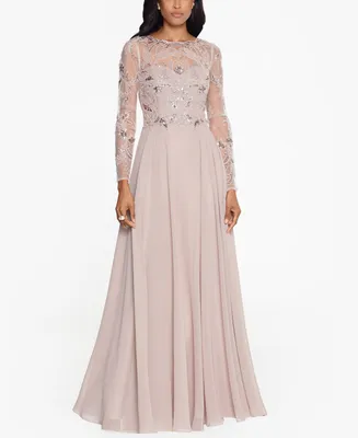 Xscape Petite Mesh-Sleeve Embellished Gown