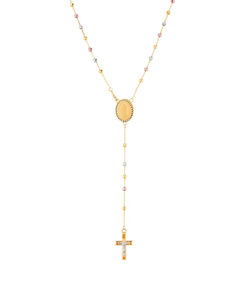 Polished Diamond Cut Rosary with Moonbeads in 14K Yellow, White and Rose Gold. - Tri