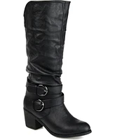 Journee Collection Women's Late Rouched Buckle Mid Shaft Block Heel Boots