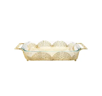 Classic Touch Rectangular Gold-Tone Handled Pyrex Holder with Brick Design