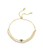 Gold Flash-Plated Genuine White Quartz Evil Eye Multi-Strand Adjustable Bolo Bracelet