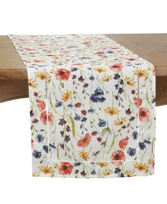 Saro Lifestyle Hemstitch Table Runner with Floral Design, 72" x 16"
