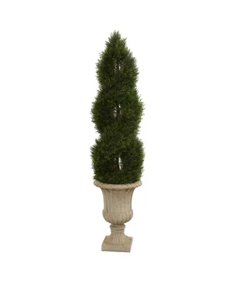5' Double Pond Cypress Uv Resistant Indoor and Outdoor Artificial Spiral Topiary Tree in Urn