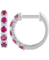 Ruby (1/2 ct. t.w.)& Diamond (1/20 ct. t.w.) Small Hoop Earrings in 14k White Gold, 1" (Also in Emerald)