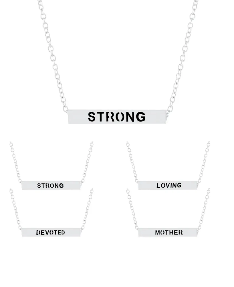 Inspirational Mother, Devoted, Loving and Strong 4 Sided Bar Necklace 16+2" In Silver Plated