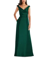 Alfred Sung Plus Off-the-Shoulder Draped Wrap Satin Maxi Dress