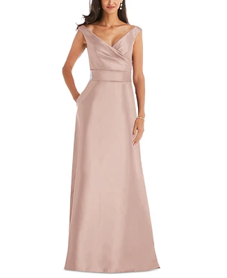 Alfred Sung Plus Size Off-the-Shoulder Draped Wrap Satin Maxi Dress