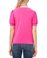 CeCe Women's Short Puff Sleeve Mixed Media Knit Top