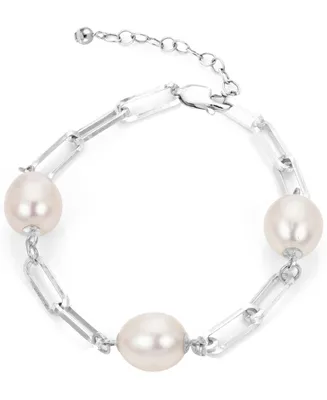 Cultured Freshwater Pearl (9-10mm) Paperclip Large Link Bracelet in Sterling Silver
