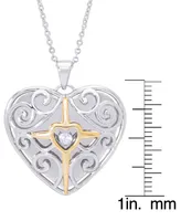 Cubic Zirconia Cross In Heart Pendant 18" Necklace in Silver Plate