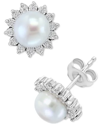 Effy Cultured Freshwater Pearl (7mm) & Diamond (1/10 ct. t.w.) Stud Earrings in Sterling Silver