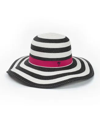 Shady Lady Women's Packable Adjustable Straw Beach Hat with Navy and White Stripes and Pink Band