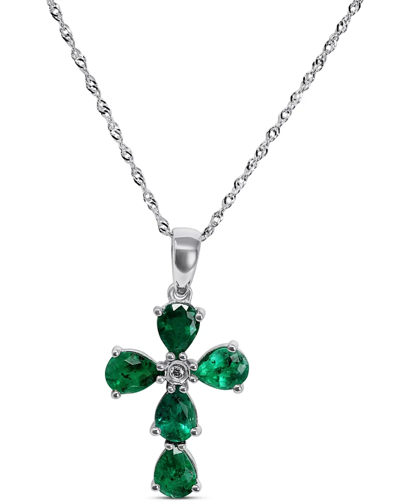 Emerald (1-1/3 ct. t.w.) & Diamond Accent Cross 18" Pendant Necklace in 14k White Gold