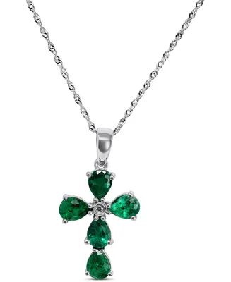 Emerald (1-1/3 ct. t.w.) & Diamond Accent Cross 18" Pendant Necklace in 14k White Gold