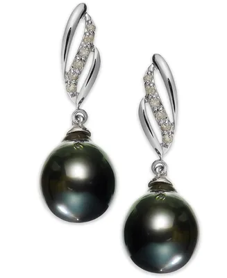 14k White Gold Tahitian Pearl (9mm) and Diamond (1/10 ct. t.w.) Drop Earrings