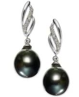 14k White Gold Tahitian Pearl (9mm) and Diamond (1/10 ct. t.w.) Drop Earrings