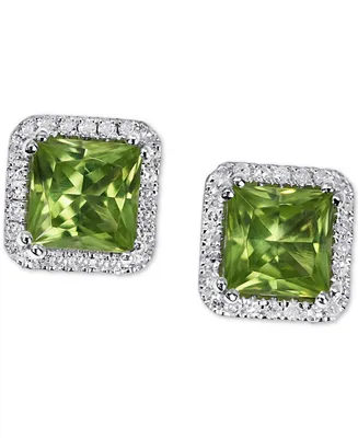 Peridot (1-3/4 ct. t.w.) & Diamond (1/5 ct. t.w.) Square Halo Stud Earrings in 14k White Gold