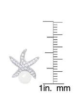 Genuine Freshwater Pearl Cubic Zirconia Starfish Stud Earrings in Silver Plate