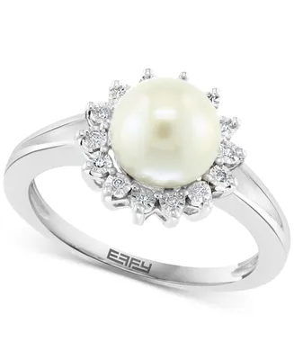 Effy Cultured Freshwater Pearl (7mm) & Diamond (1/20 ct. t.w.) Halo Ring in Sterling Silver