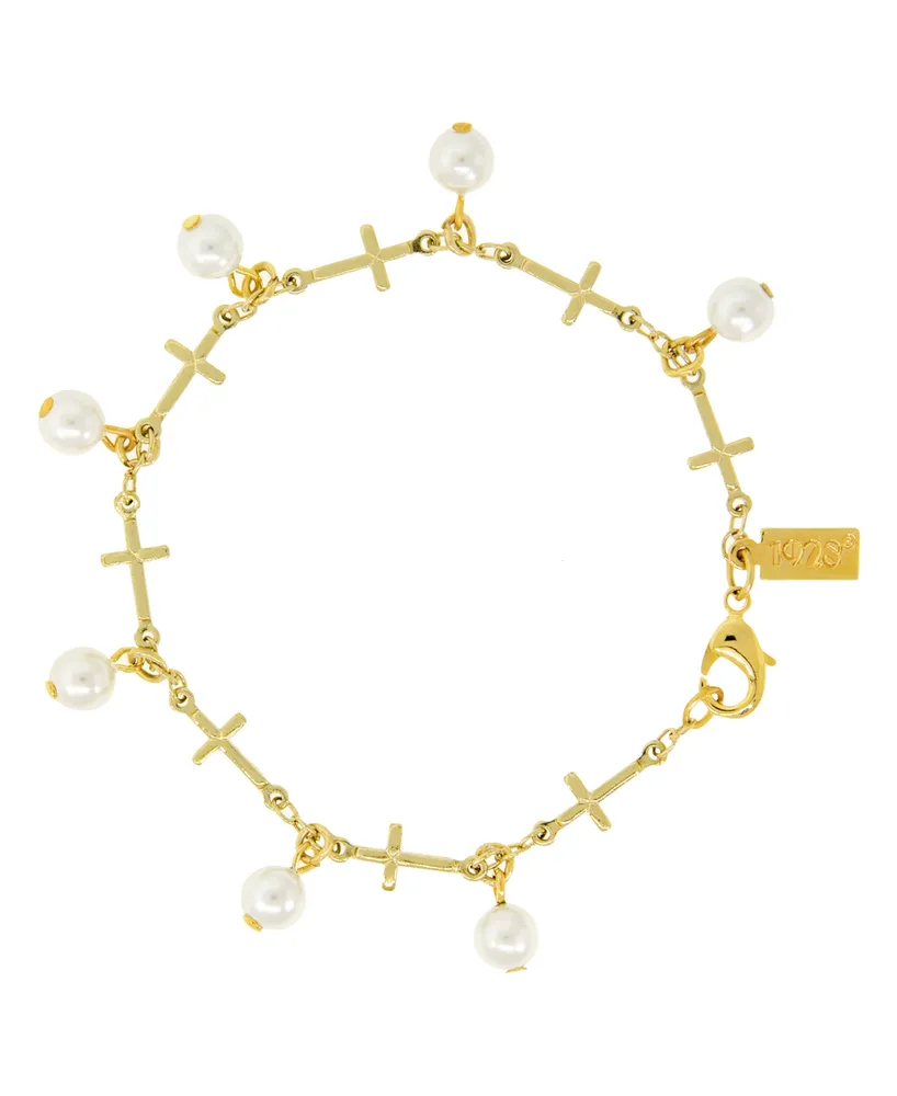 14K Gold Dipped Multi Cross Imitation Pearl Link Bracelet