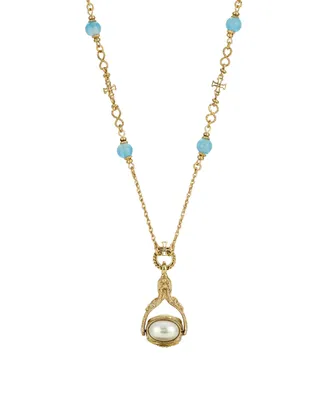 14K Gold-Dipped Triple Spinner Imitation Pearl Mary Cameo Bead Necklace