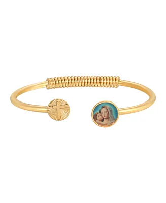 14K Gold-Dipped Cross and Mary and Child Decal Accent Spring Hinge Bracelet