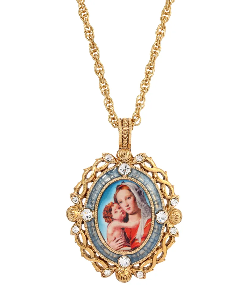 Symbols of Faith Enamel Crystal Mary and Child Pendant Necklace 24" - Gold