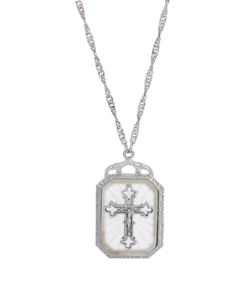Silver-Tone Frosted Stone with Crystal Cross Large Pendant Necklace