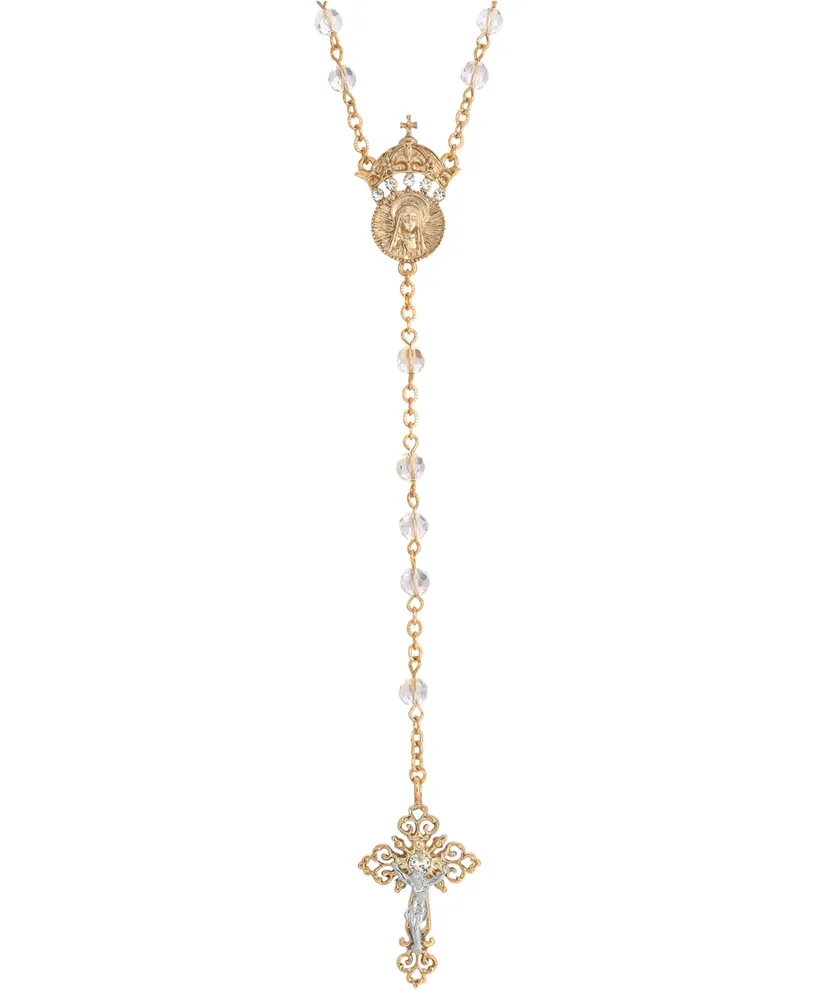 14K Gold-Dipped Crystal Two Rings and Cross Medallion Wedding Rosary - Gold