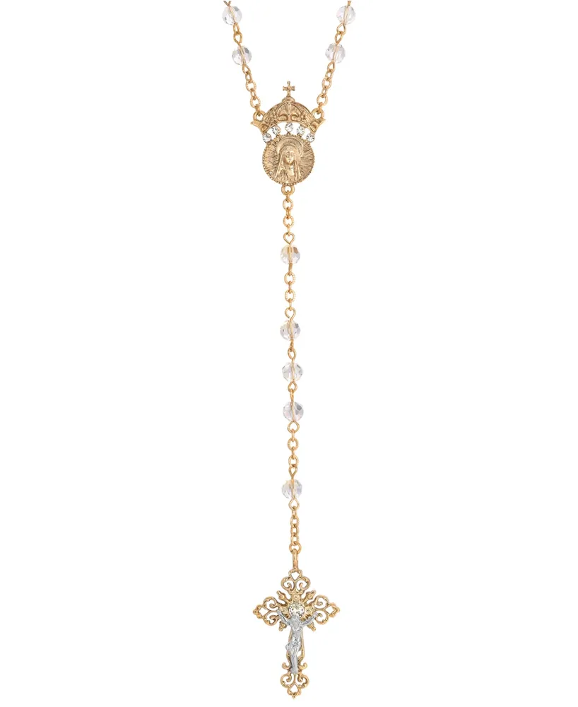 14K Gold-Dipped Crystal Two Rings and Cross Medallion Wedding Rosary