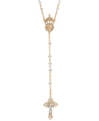 14K Gold-Dipped Crystal Two Rings and Cross Medallion Wedding Rosary - Gold