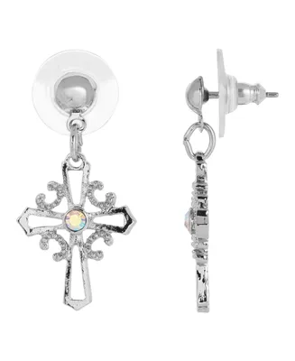 Silver-Tone Crystal Cross Drop Earrings - Silver