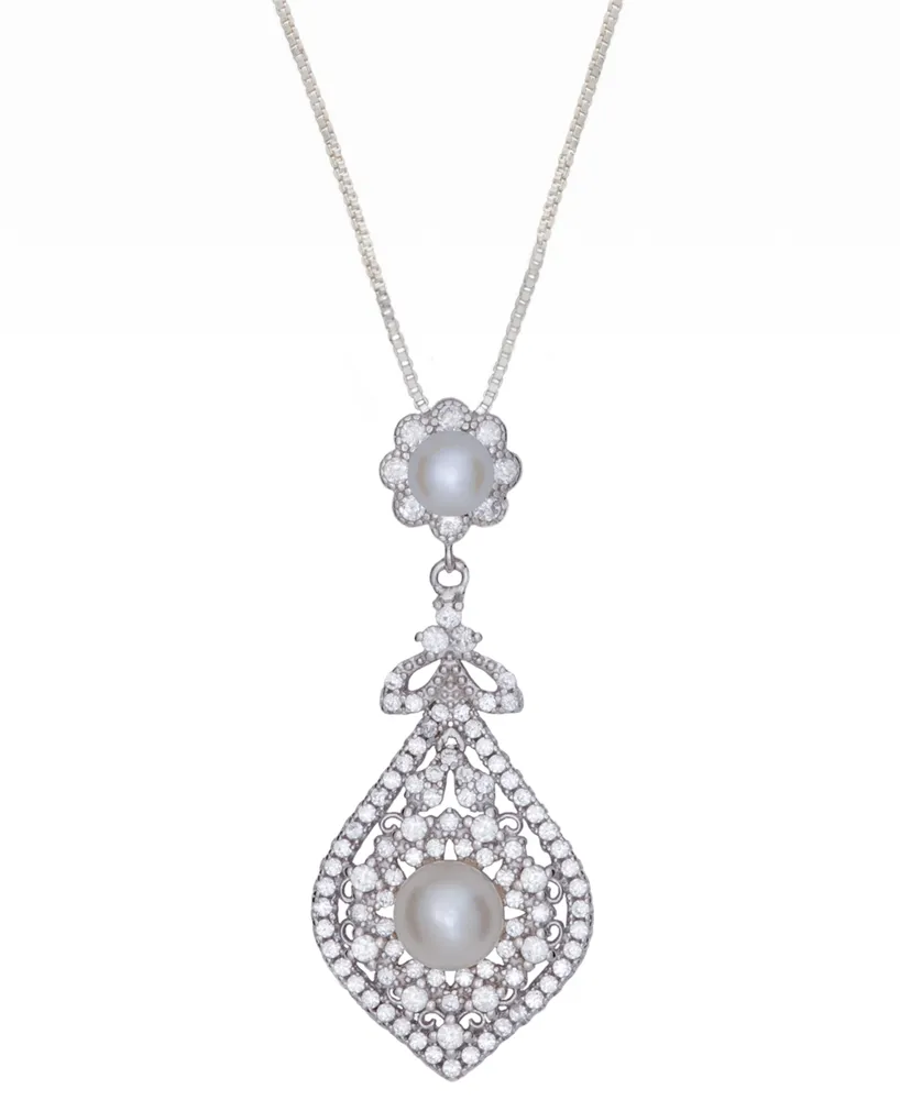 Cultured Freshwater Pearl (4 & 6mm) & Cubic Zirconia Vintage Filigree 18" Pendant Necklace in Sterling Silver