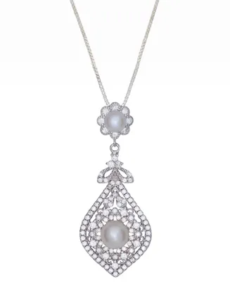 Cultured Freshwater Pearl (4 & 6mm) & Cubic Zirconia Vintage Filigree 18" Pendant Necklace in Sterling Silver