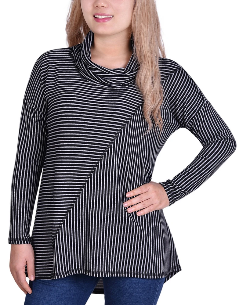 Women's Long Sleeve Mini Striped Seamed Cowl Neck