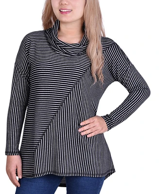 Women's Long Sleeve Mini Striped Seamed Cowl Neck