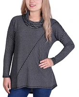 Women's Long Sleeve Mini Striped Seamed Cowl Neck