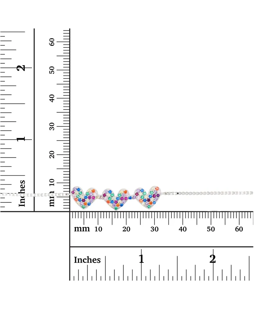 Rainbow Cubic Zirconia Pave Triple Heart Bolo Bracelet Sterling Silver (Also 14k Gold Over Silver)