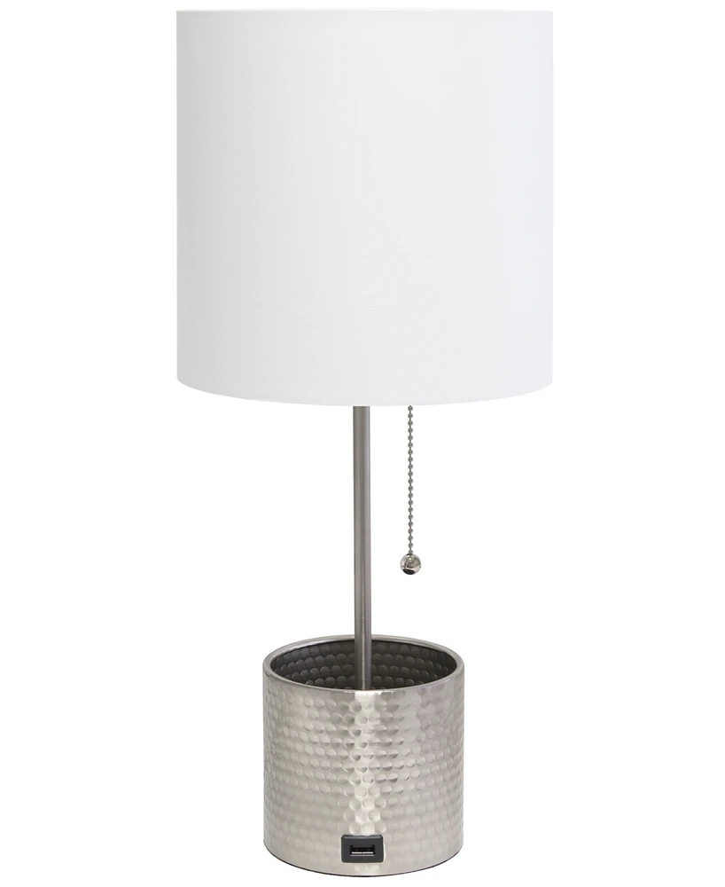 Simple Designs Hammered Metal Organizer Table Lamp with Usb Charging Port and Fabric Shade