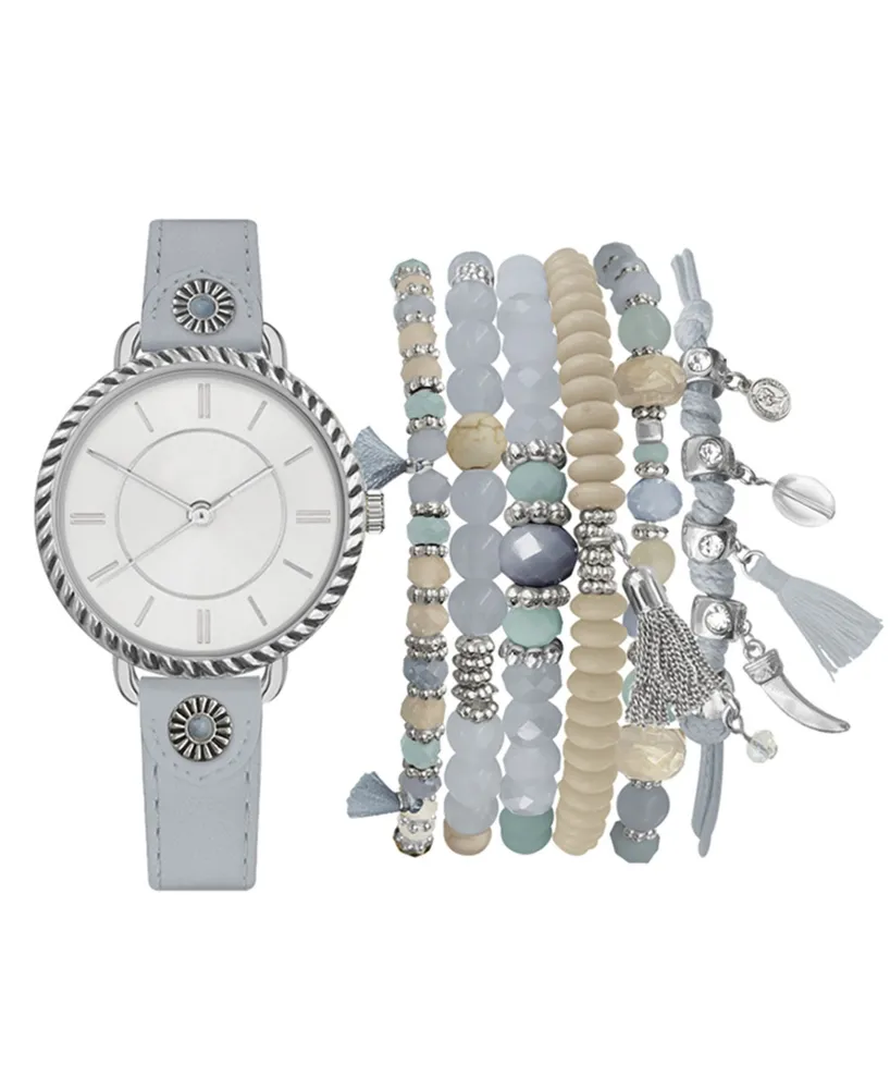 Jessica Carlyle Women's Analog Gray Strap Watch 32mm with Beaded Bracelets Set