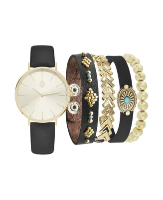 Jessica Carlyle Women's Analog Black Strap Watch 36mm with Black and Gold-Tone Bracelets Set