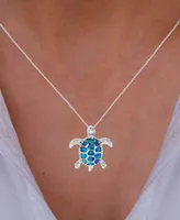 Lab-Grown Blue Opal Turtle 18" Pendant Necklace in Sterling Silver