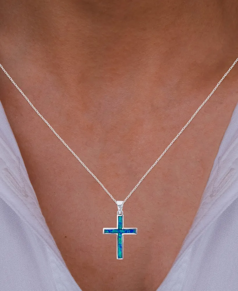 Lab-Created Blue Opal Cross 18" Pendant Necklace in Sterling Silver