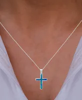 Lab-Created Blue Opal Cross 18" Pendant Necklace in Sterling Silver