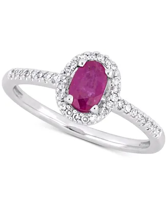 Ruby (5/8 ct. t.w.) & Diamond (1/8 Oval Halo Ring 10k White Gold