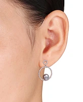 Black Cultured Tahitian Pearl (8mm) & White Sapphire (1-1/10 ct. t.w.) Circle Drop Earrings in 10k White Gold