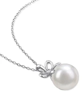 Cultured Freshwater Pearl (12mm) & Lab-Created White Sapphire Accent Bow 18" Pendant Necklace in Sterling Silver