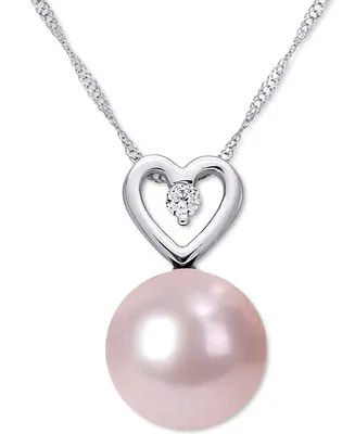 Pink Cultured Freshwater Pearl (9-1/2mm) & Diamond (1/20 ct. t.w.) Heart 17" Pendant Necklace in 10k White Gold