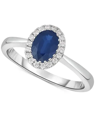Sapphire (7/8 ct. t.w.) & Diamond (1/10 ct. t.w.) Halo Ring in 14k White Gold
